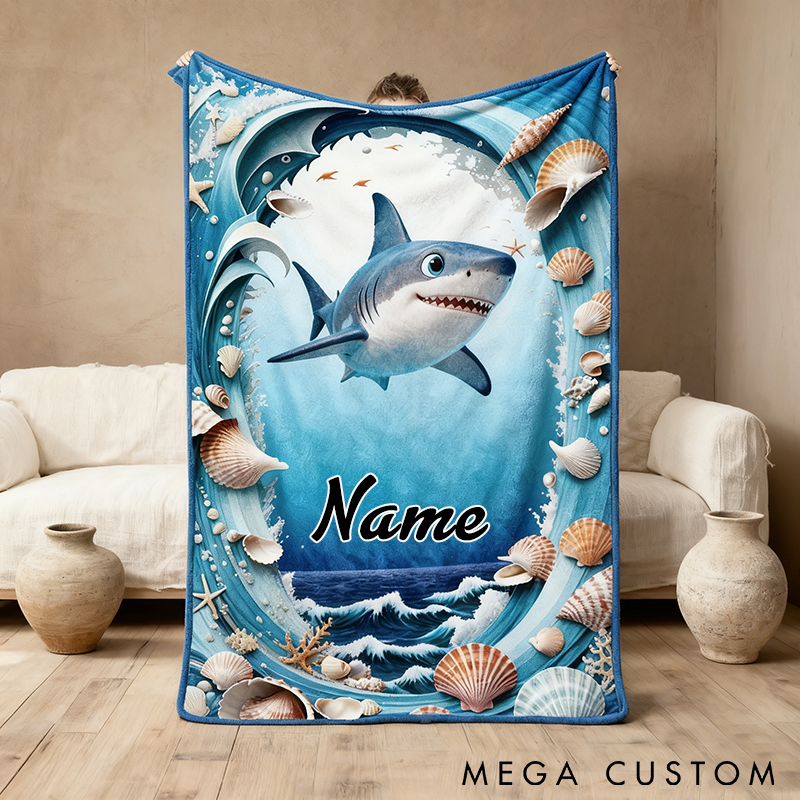 Personalized Shark Blanket Ocean and Seashell Design Custom Name Soft Gift for Fishing Enthusiasts and Marine Life Lovers