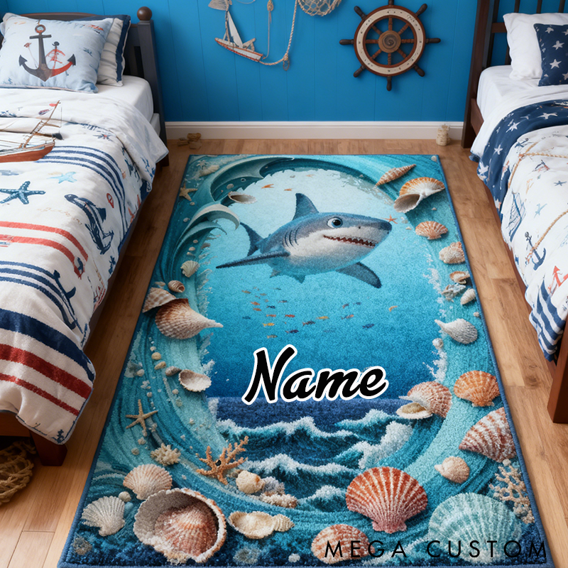 Personalized Shark Rug Ocean and Seashell Design Custom Name Perfect for Kids Rooms and Fishing Enthusiasts Decor