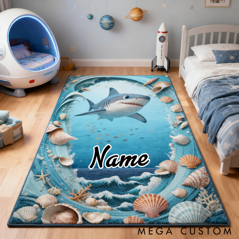 Personalized Shark Rug Ocean and Seashell Design Custom Name Perfect for Kids Rooms and Fishing Enthusiasts Decor