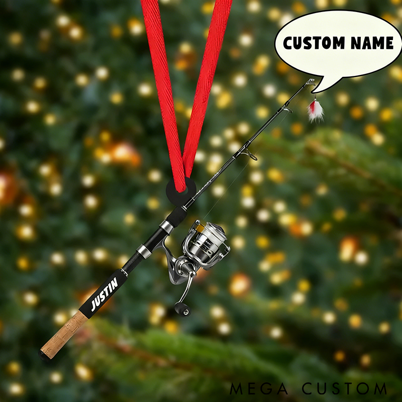 Personalized Fishing Rod Ornament 2D Flat Fishing Lovers Ornaments Custom Name Unique Christmas Decoration for Fishing Enthusiasts Perfect Holiday Gift Idea