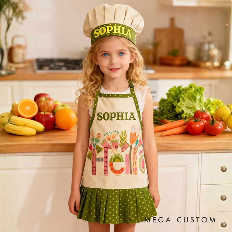 Personalized Floral Pattern Adjustable Kid Apron Chef Hat Set with Pocket and Name for Cooking Baking Birthday Holiday Gift for Kids