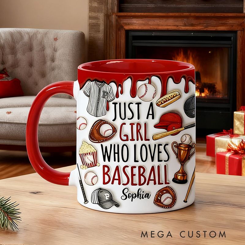 Personalized Baseball Lover’s Mug with "Just a Girl Who Loves Baseball" Design and Custom Name