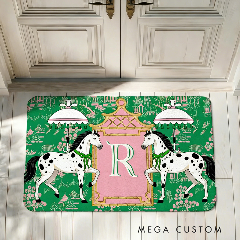 Personalized Horses Pagoda Chinoiserie Non Slip Door Mat with Initial Entryway Home Decor Housewarming Gift for Family for Riding Lovers Equestrian Lovers