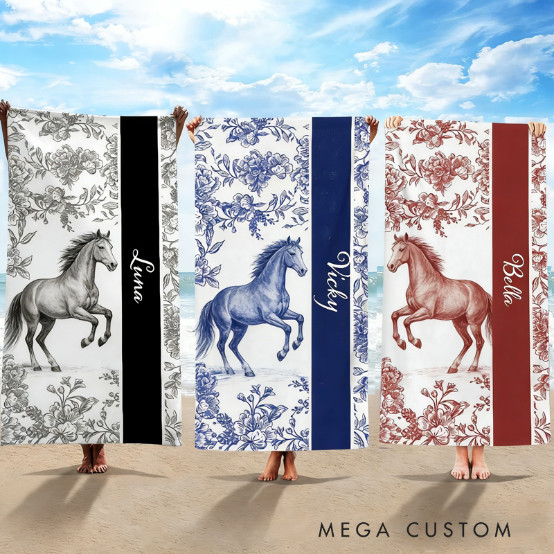 Personalized Toile De Jouy Pattern  Equestrian Floral Horse Quick-Dry Microfiber Beach Towel Quick Dry Soft Oversized Beach Towel with Name Summer Vacation Beach Party Birthday Gift for Riding Lovers Equestrian Lovers