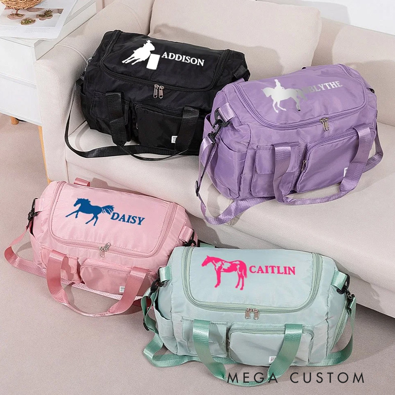 Personalized Horse Riding Duffle Bag Waterproof Equestrian Multi Compartment Travel Bag with Name and Shoulder Strap Travel Accessories Birthday Gift Overnight Bag Gift for Horse Lovers Riding Lovers Equestrian Lovers