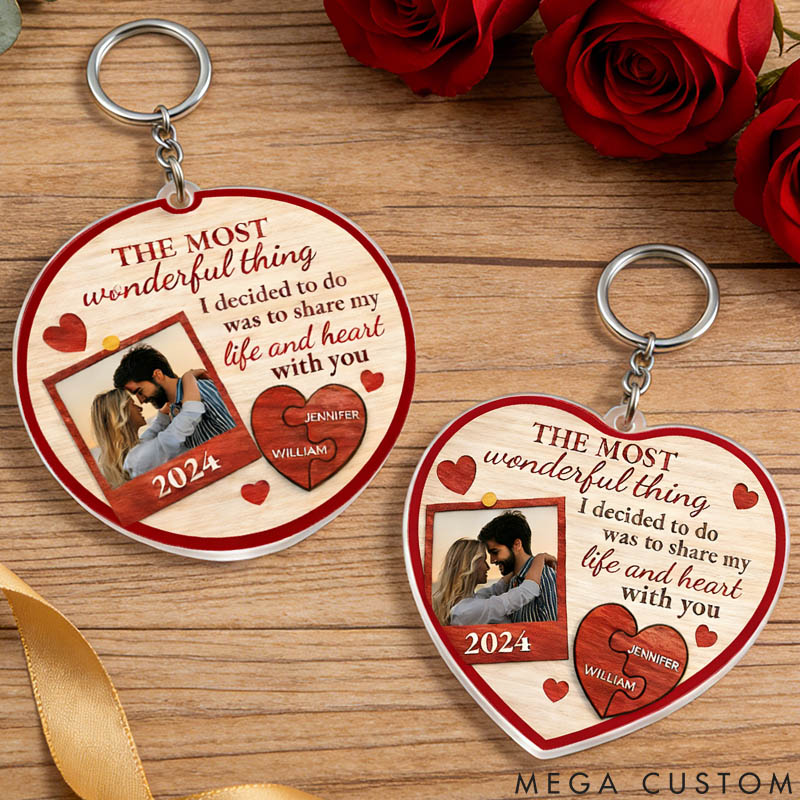 Personalized Couple Photo Portrait Keychain Custom The Most Wonderful Thing Heart Puzzle Keychain Anniversary Gift Valentines Day Gift for Him Her