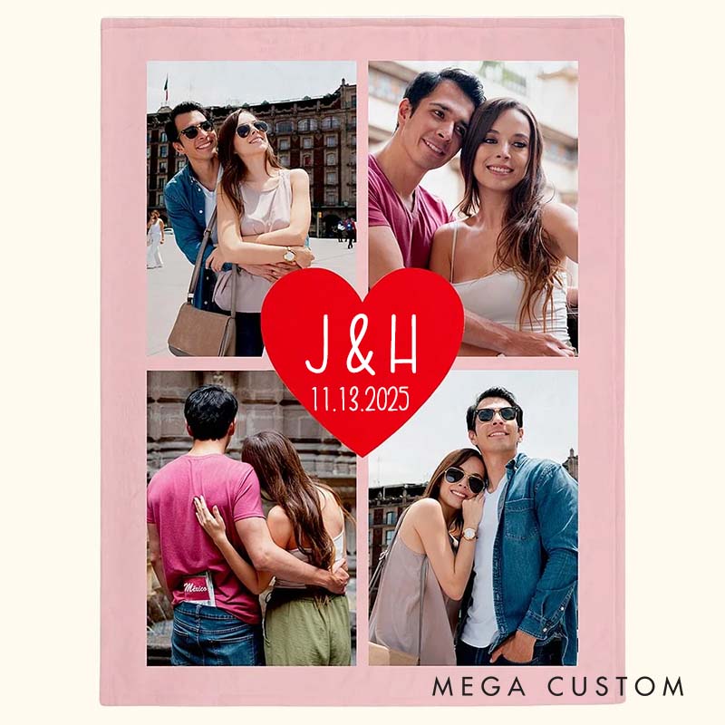 Personalized Couple Heart Collage Photos Blanket with Initials Custom Newlywed Blanket Valentine's Day Gift for Husband Wife Boyfriend Girlfriend