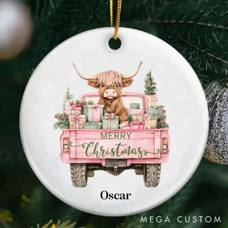 Personalized Pet Lover Pink Christmas Highland Cow Ornament