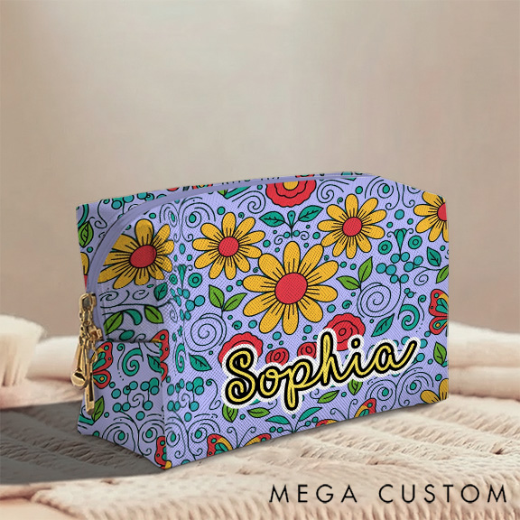 Personalized Multicolored Bright Sunflower Toiletry Bag Custom Name for Kids Travel Gifts and Daily Use