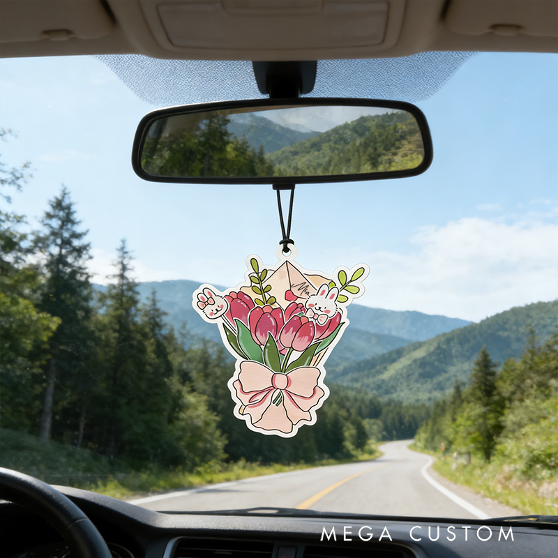 Personalized Rabbit Tulip Flower Keychain Engraved Keychain Whimsical Gift for Partners Romantic Holiday Present