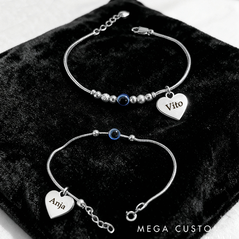 Personalized 925 Sterling Silver Beaded Evil Eye Bracelet Jewelry Gift for Couples