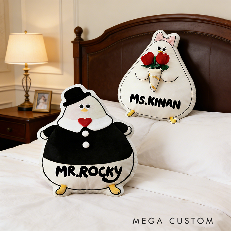 Personalized Cartoon Seagull Couple Throw Pillow Mr. Seagull & Miss Tulip Plush Home Decor Gift for Couples