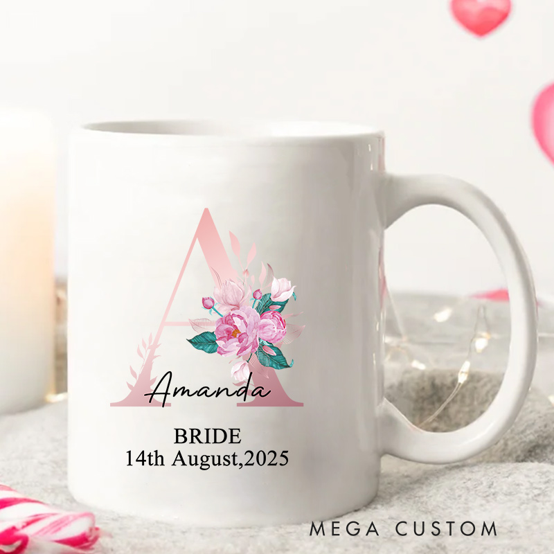 Personalized Floral Initial Wedding Mug Groom Bride Ceramic Coffee Cup for Husband Wife Wedding Couple Mug for Newlyweds
