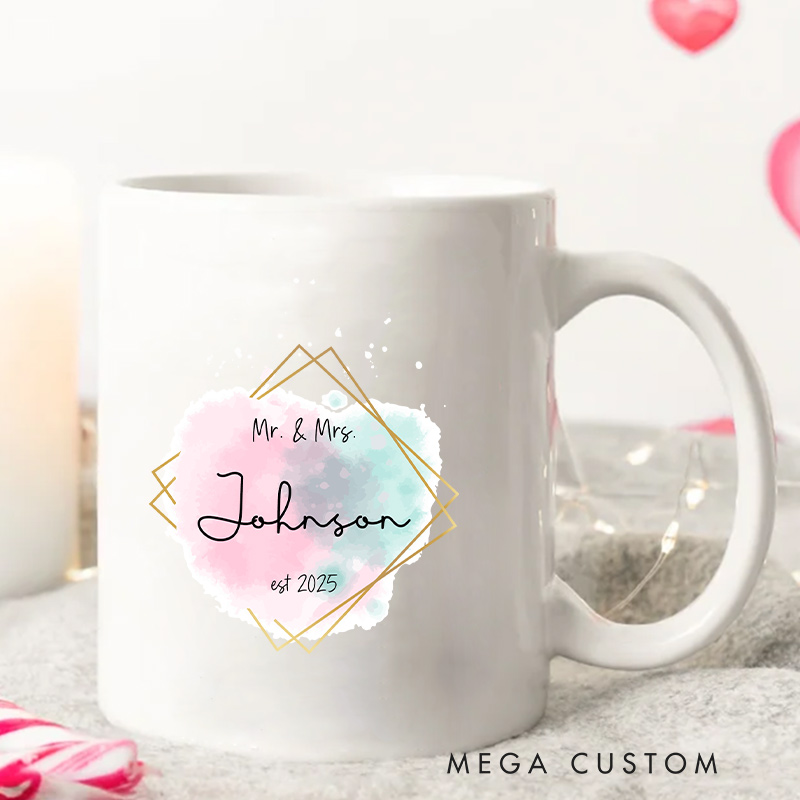 Personalized Mr. & Mrs. Watercolor Wedding  Mug Ceramic Coffee Mug for Newlywed Husband Wife Coffee Cup Couple Anniversary Cup