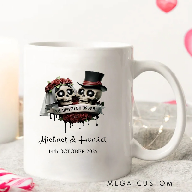 Personalized Couple Mug Til Death Do Us Part Wedding Mug Gothic Skeleton Groom Bride Mug Newlyweds Coffee Cup for Husband Wife