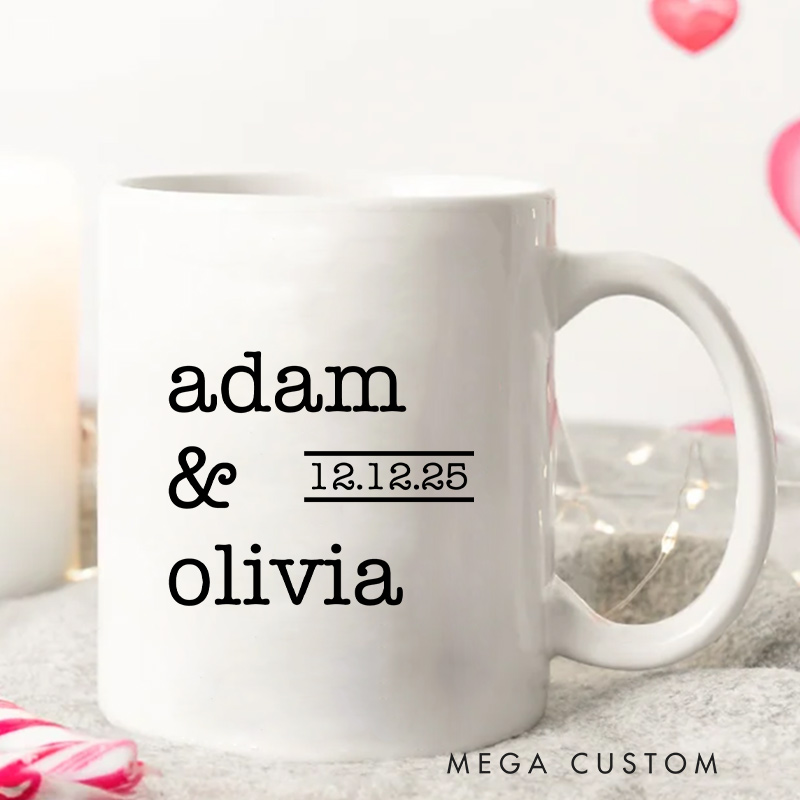 Personalized Minimalist Couple Name & Date Mug Ceramic Wedding Mug for Newlyweds Coffee Cup for Husband Wife Girlfriend Boyfriend