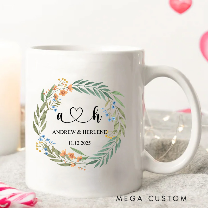 Personalized Floral Initials Couple Mug Couple Wedding Mug for Her Him Newlyweds Coffee Cup for Husband Wife Couple Anniversary Gift Mug