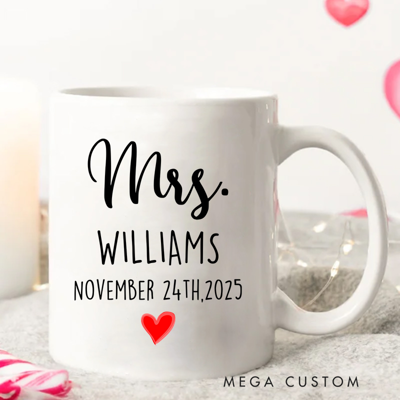 Personalized Mr & Mrs Wedding Date Mug with Heart Accent Couple Coffee Cup for Her Him Ceramic Cup for Couple Newlyweds