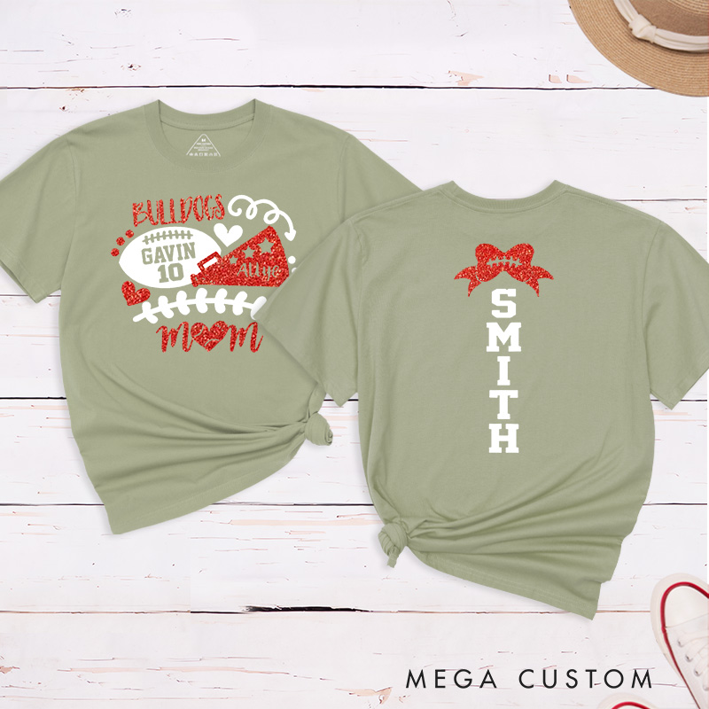 Personalized Glitter American Football and Rugby Cheer Mom T-Shirt with Custom Name and Number