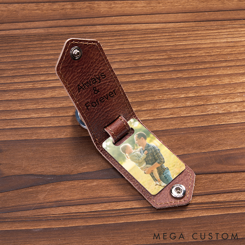 Personalized Leather Photo Keychain for Men Custom Picture Key Ring with Name Engraved Leather Key Chain Anniversary Gift for Him Groomsmen Gift Birthday Gift for Dad Boyfriend Husband