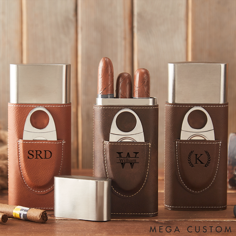 Personalized Leather Cigar Case for Him Engraved Cigar Case with Cutter Groomsman Wedding Party Cigar Holder Bachelor Favors Cigar Case Leather Cigar Accessories