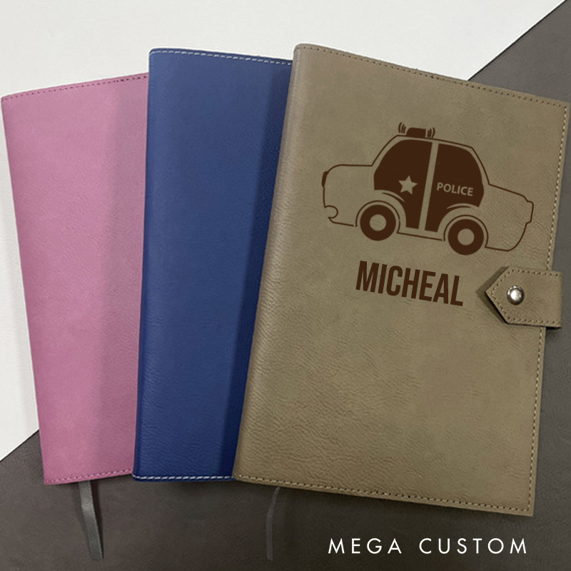 Personalized Leather Notebook for Police Officers Cartoon Police Car Leather Journal Policeman Appreciation Gift