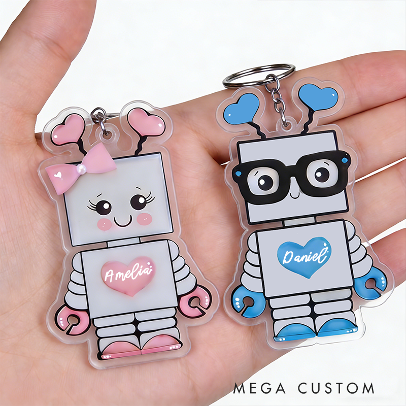 Personalized Cute Robot Couple Keychain Custom Couple Names Adorable Holiday Gift for Couples