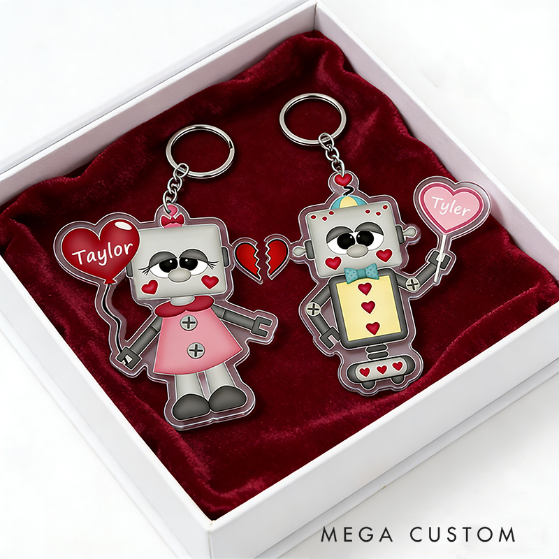 Personalized Love and Robot Keychain Custom Couple Names Unique Holiday Gift for Couples