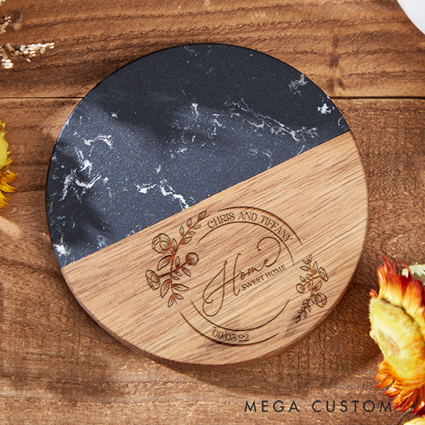Personalized Marble And Wood Coaster Elegant Floral Home Coaster Housewarming Gift New Home Gift for Couple Housewarming Party Gifts Home Sweet Home