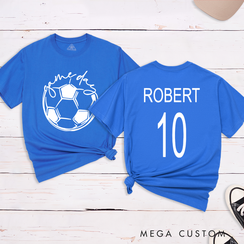 Personalized Soccer T-Shirt with Custom Name, Number, and "Game Day" Graphic Design