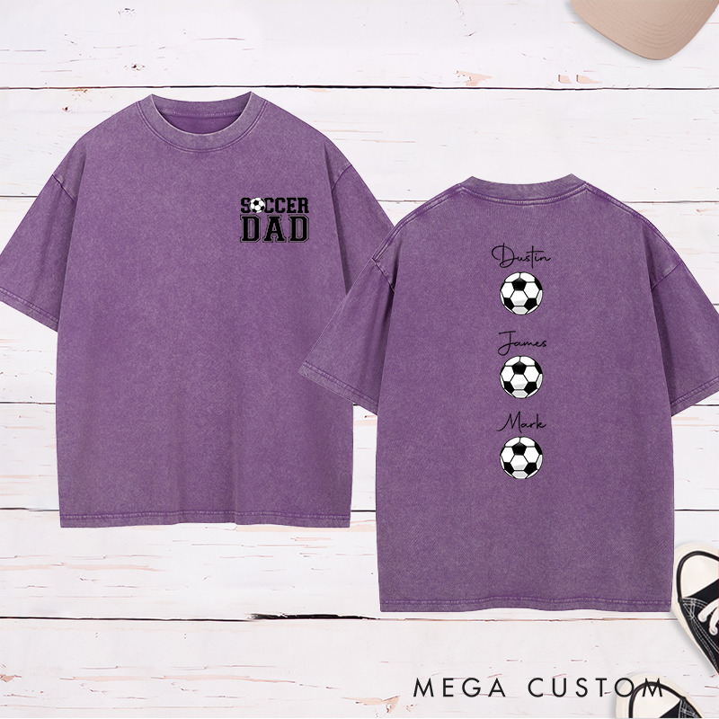 Personalized Soccer Dad Washed T-Shirt with Custom Kids’ Names and Ball Graphics