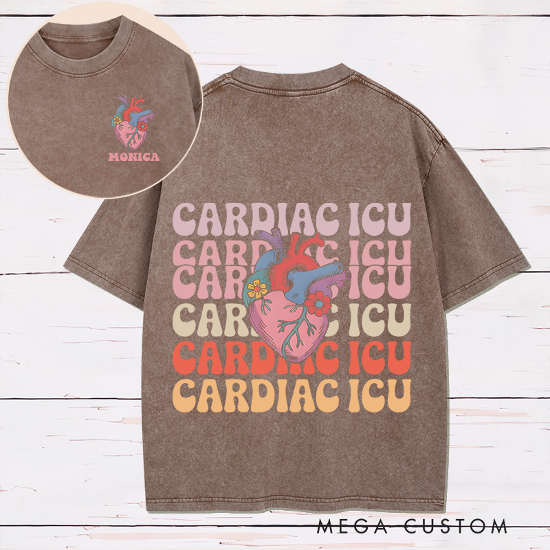 Personalized Two Sides Printed Washed T-Shirt Customized Cardiac ICU Vibrant Heart Design Washed T-Shirt 