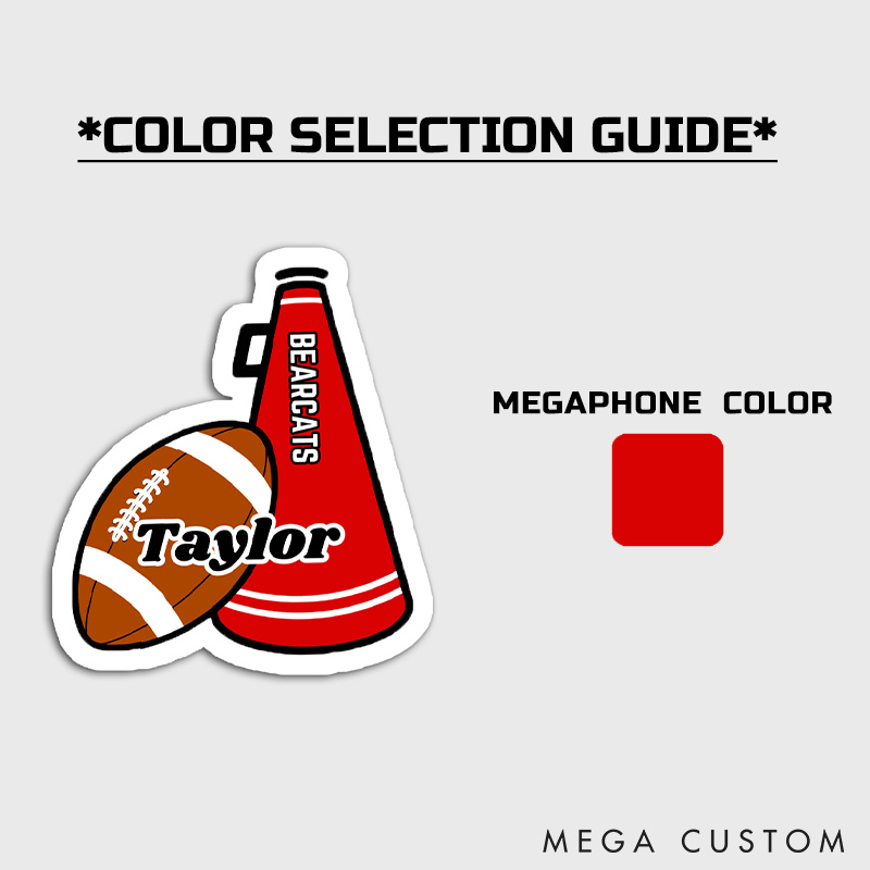 Personalized American Football and Rugby Cheerleader Megaphone Sticker with Custom Team Name and Player Name