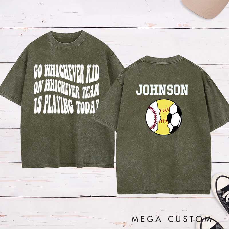 Personalized Sports Washed T-Shirt Featuring Baseball, Soccer, and Softball Graphics with Customizable Back