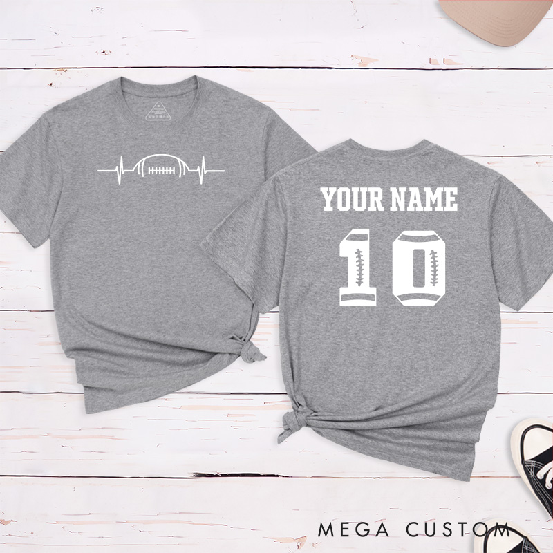 Personalized American Football and Rugby Heart Beat T-Shirts Featuring Custom Name and Number