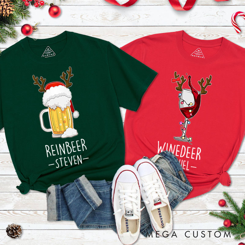 Personalized Couple Reinbeer and Winedeer Christmas Matching T-Shirt Couple Beer and Wine Xmas T-Shirt for Husband Wife Boyfriend Girlfriend Tee Tops