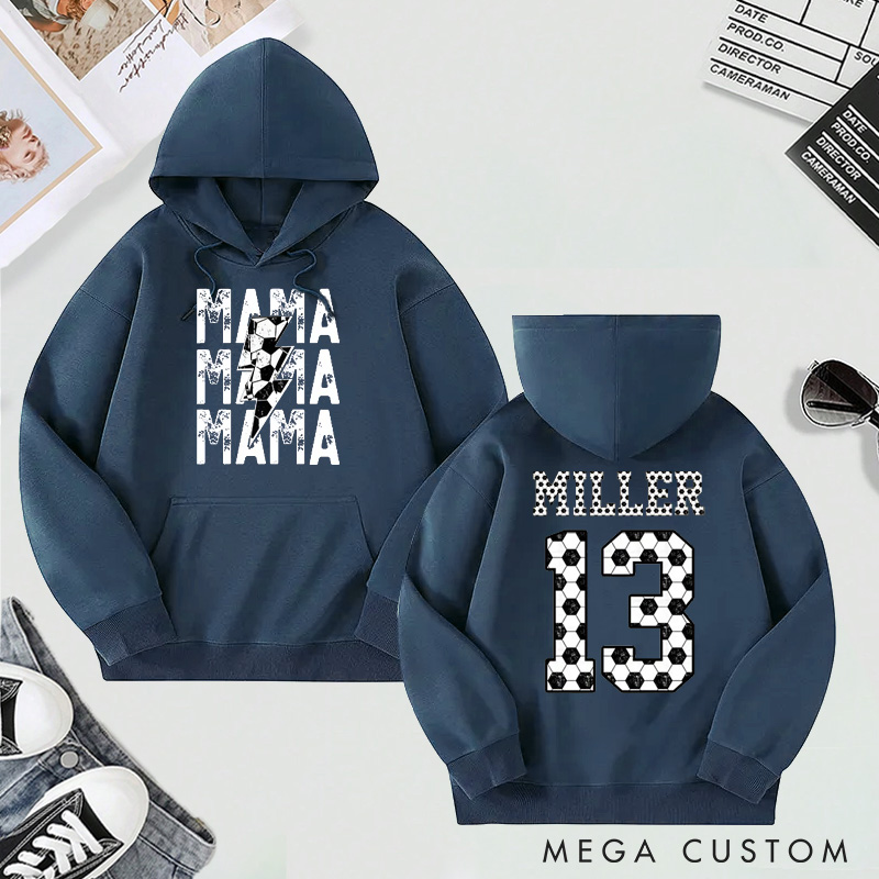Personalized "Mama" Soccer Hoodie with Custom Name and Number Design