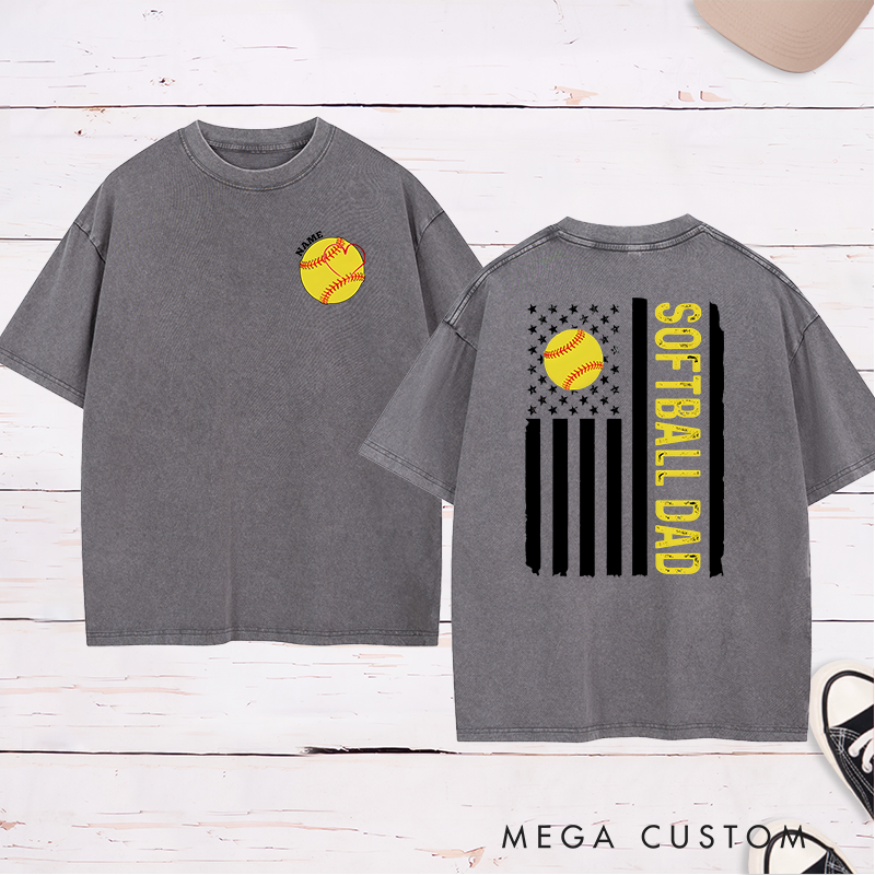 Personalized Softball Dad Washed T-Shirt with Custom Name and Number Patriotic Design Perfect Gift for Proud Softball Dads