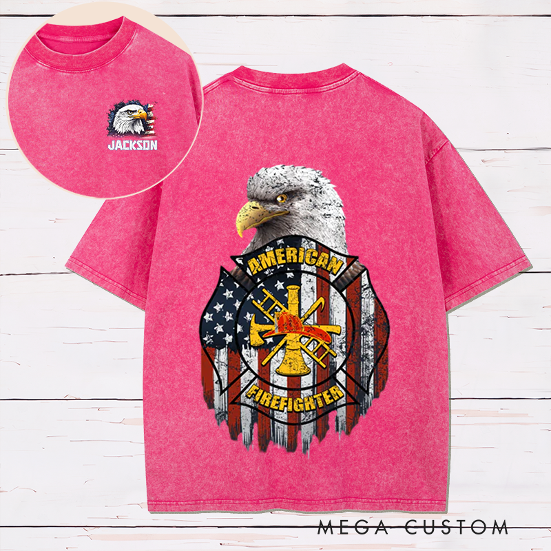 Personalized Firefighter Washed T-Shirt American Firefighter Bald Eagle and Flag Patriotic Design Unique Gift for Firefighters