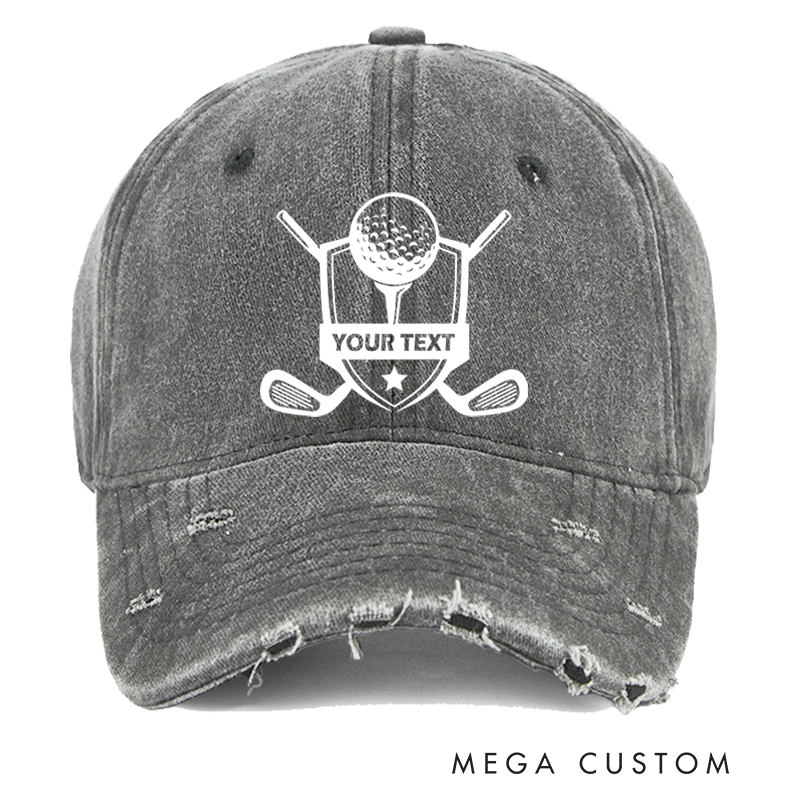 Personalized Distressed Denim Baseball Cap with Shield Design Featuring Golf Ball Crossed Clubs Star Accent and Customizable Text for Golf Enthusiasts
