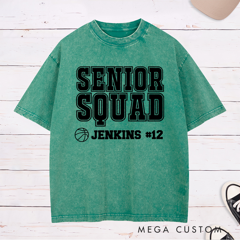 Personalized Washed T-Shirt Design Featuring "Senior Squad" Basketball Graphic with Customizable Name and Number for a Bold and Team-Spirited Look
