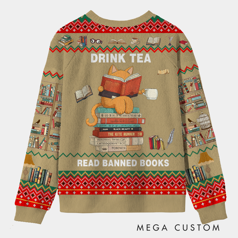 Personalized Rebel Reader Tea Time Ugly Sweater Holiday Gift for Librarians