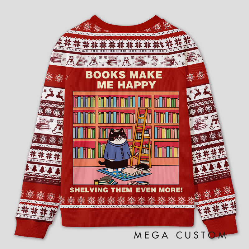 Personalized Hilarious Cat Rearranging Bookshelves Ugly Sweater Holiday Gift for Cat-Loving Book Loves