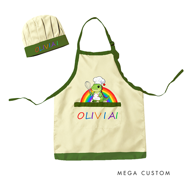 Personalized Rainbow Dinosaur Adjustable Kid Apron Chef Hat Set with Pocket and Name for Cooking Baking Birthday Holiday Gift for Kids