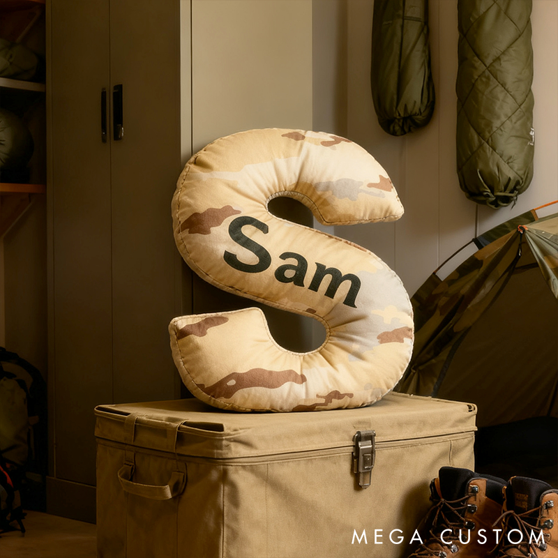 Personalized Camo Throw Pillow Initial Shaped Pillow Custom Throw Pillow with Name Military Style Pillow Gift for Men Boys Military Adventure-Themed Gifts