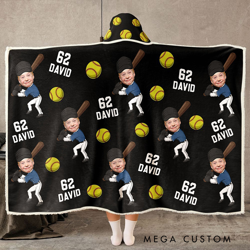 Personalized Photo Wearable Blanket Hoodie with Custom Kid Face Funny Softball and Baseball