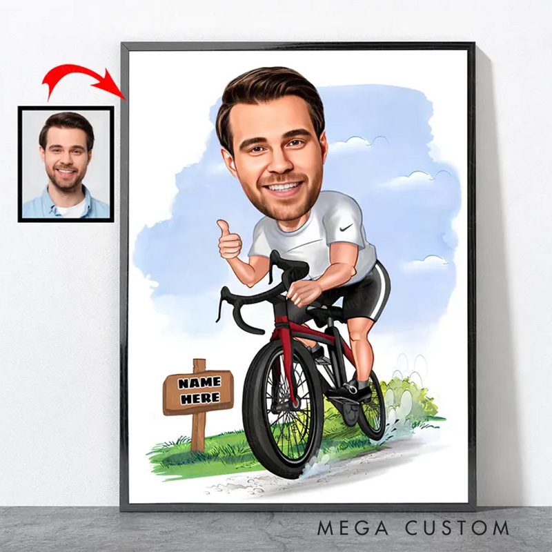 Personalized Cartoon Cyclist Portrait Biker Bicycle Cycle Cycling Art Poster Gifts for Cycling Riding Lovers