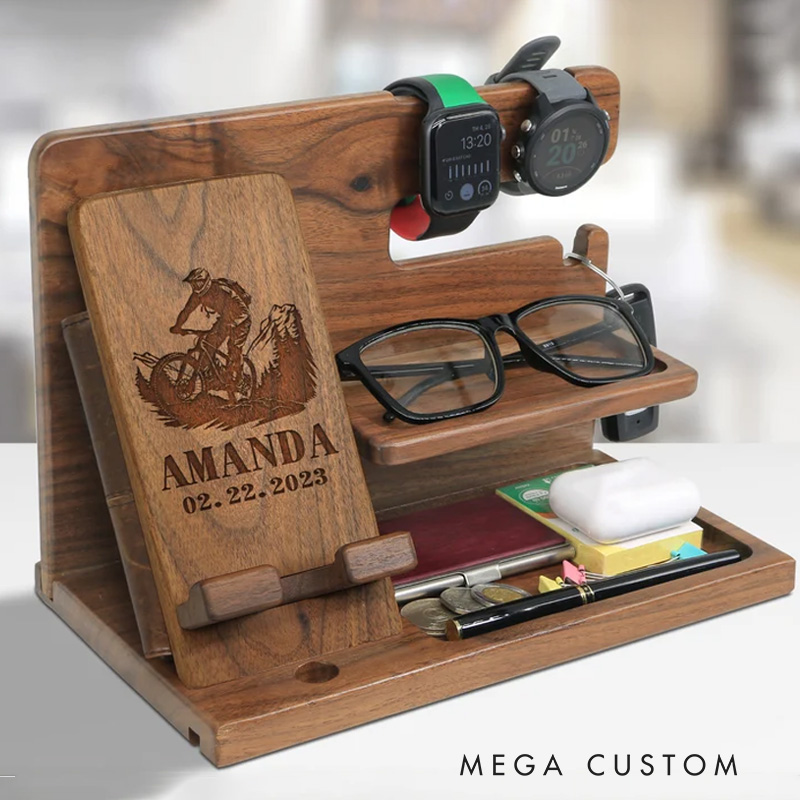 Personalized Engraved Docking Station Phone Desk Organizer Cycling Bicycle Gift for Cyclist Bike Lover