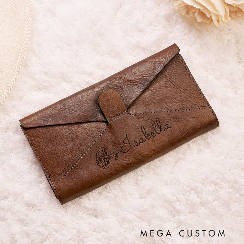 Personalized Birth Flower Leather Wallet Engraved Women Slim Wallet Leather Wallet Leather Gift for Her Unique Gift for Her Birthday Gifts