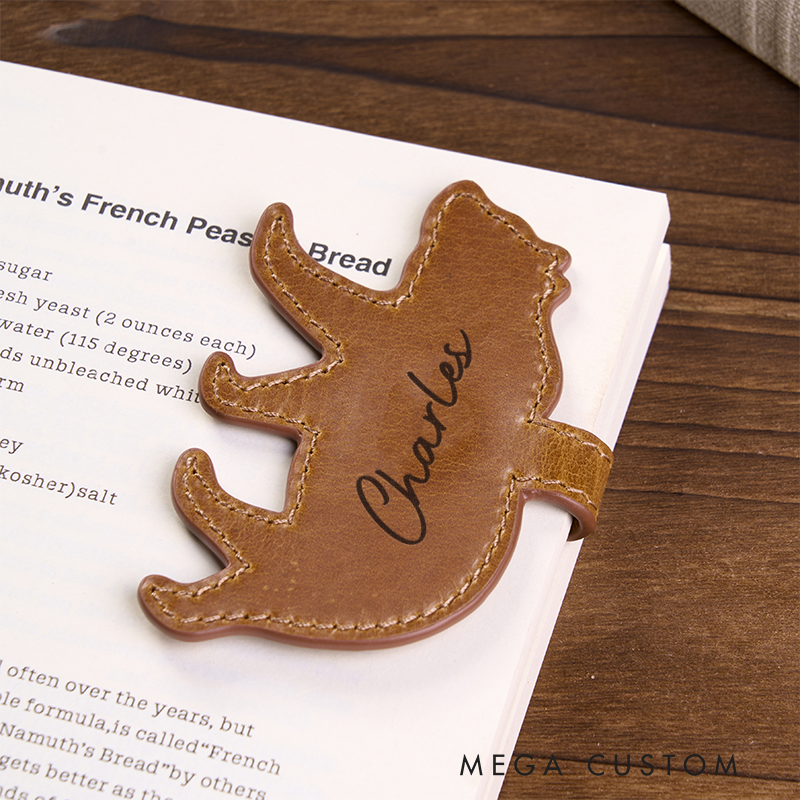Personalized Leather Bear Bookmark Custom Name Engraved Page Marker Gift for Readers Gifts for Him Unique Rustic Book Accessory 